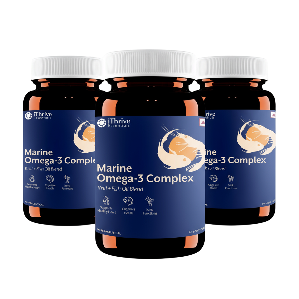 Marine Omega-3 Complex supplement bottle with blue label on a white background